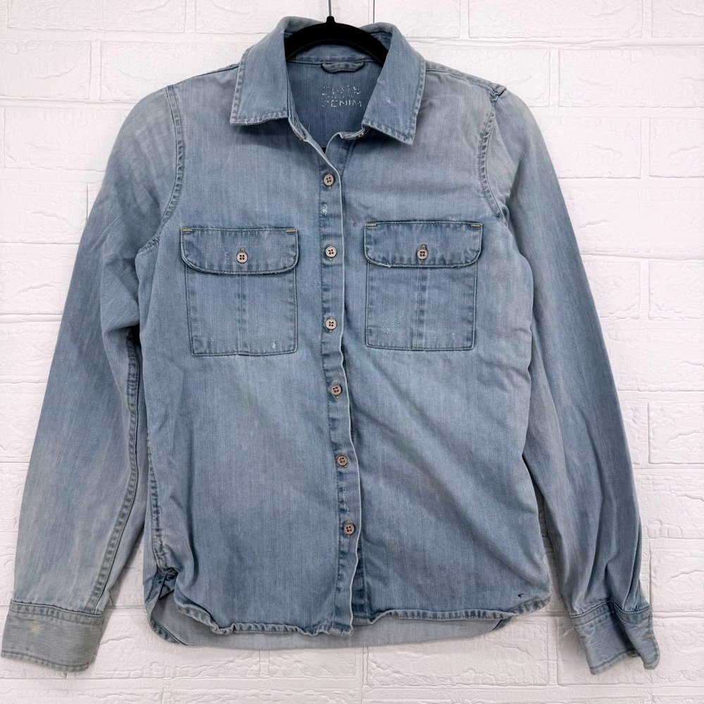 Gap 1969 Denim Shirt Women S Light Wash Long Sleeve Button Down Distressed
